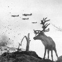 A shell shocked reindeer looks on as World War II planes drop bombs on Russia in 1941